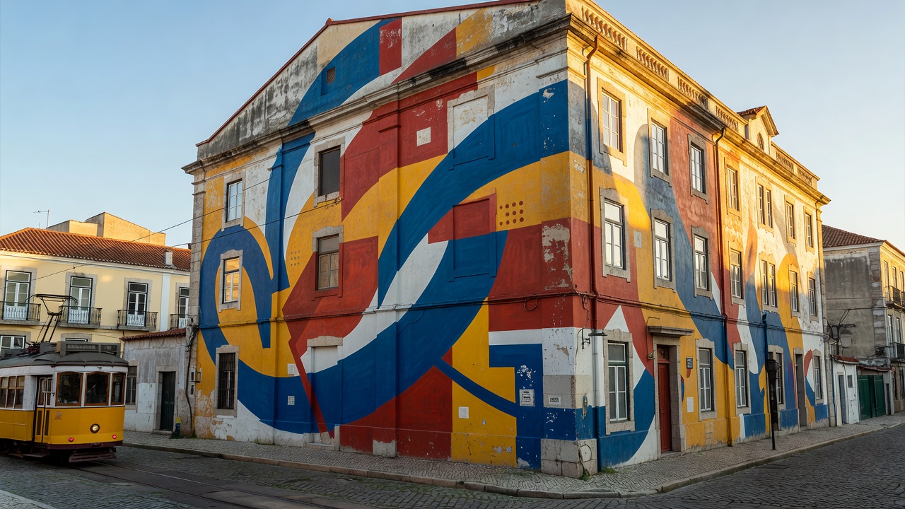 Large multi-story architectural wall mural in Marvila, Lisbon