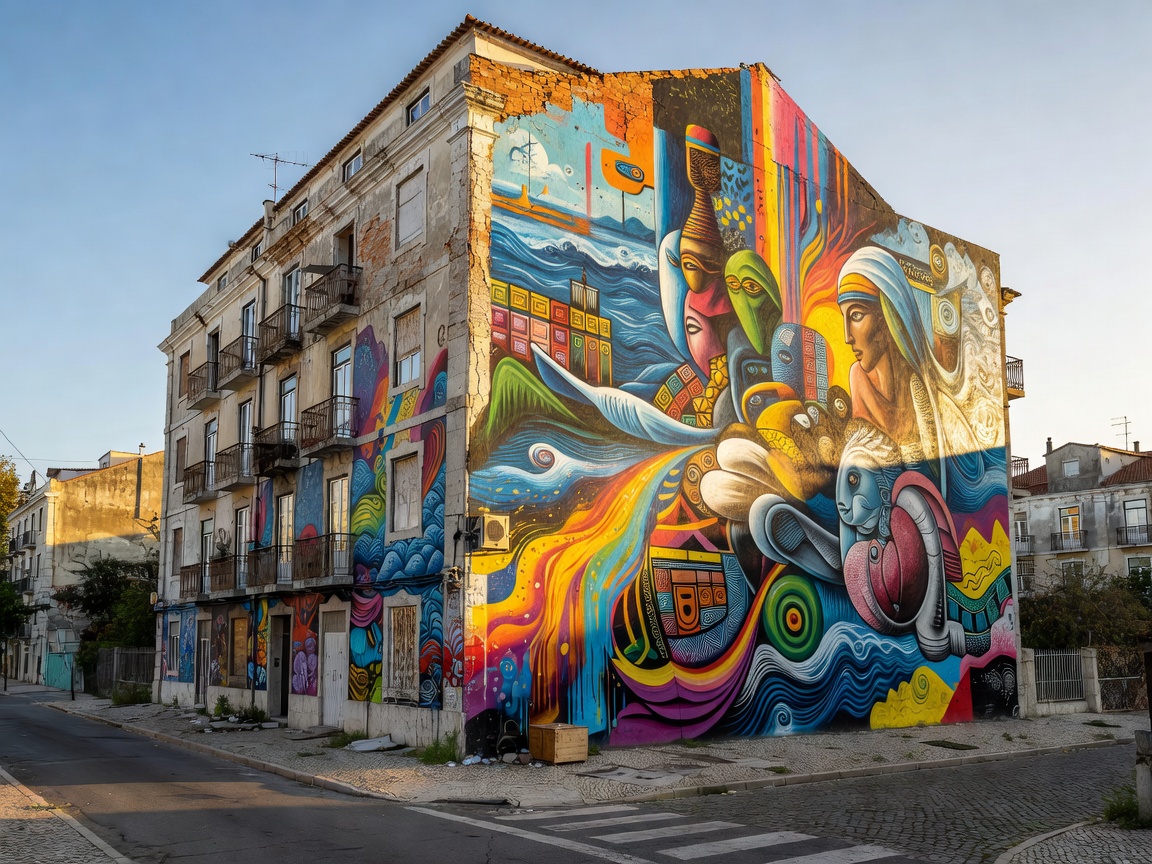 Large-scale urban street art mural covering an abandoned Lisbon apartment building