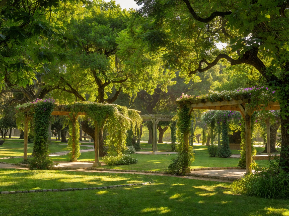 Lush green botanical trees and shade pergolas in a public Lisbon park