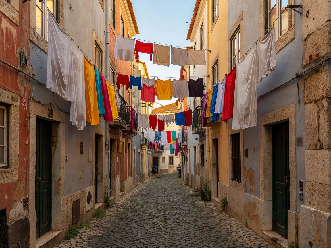 Narrow medieval cobblestone alleyway in Alfama with colorful hanging laundry