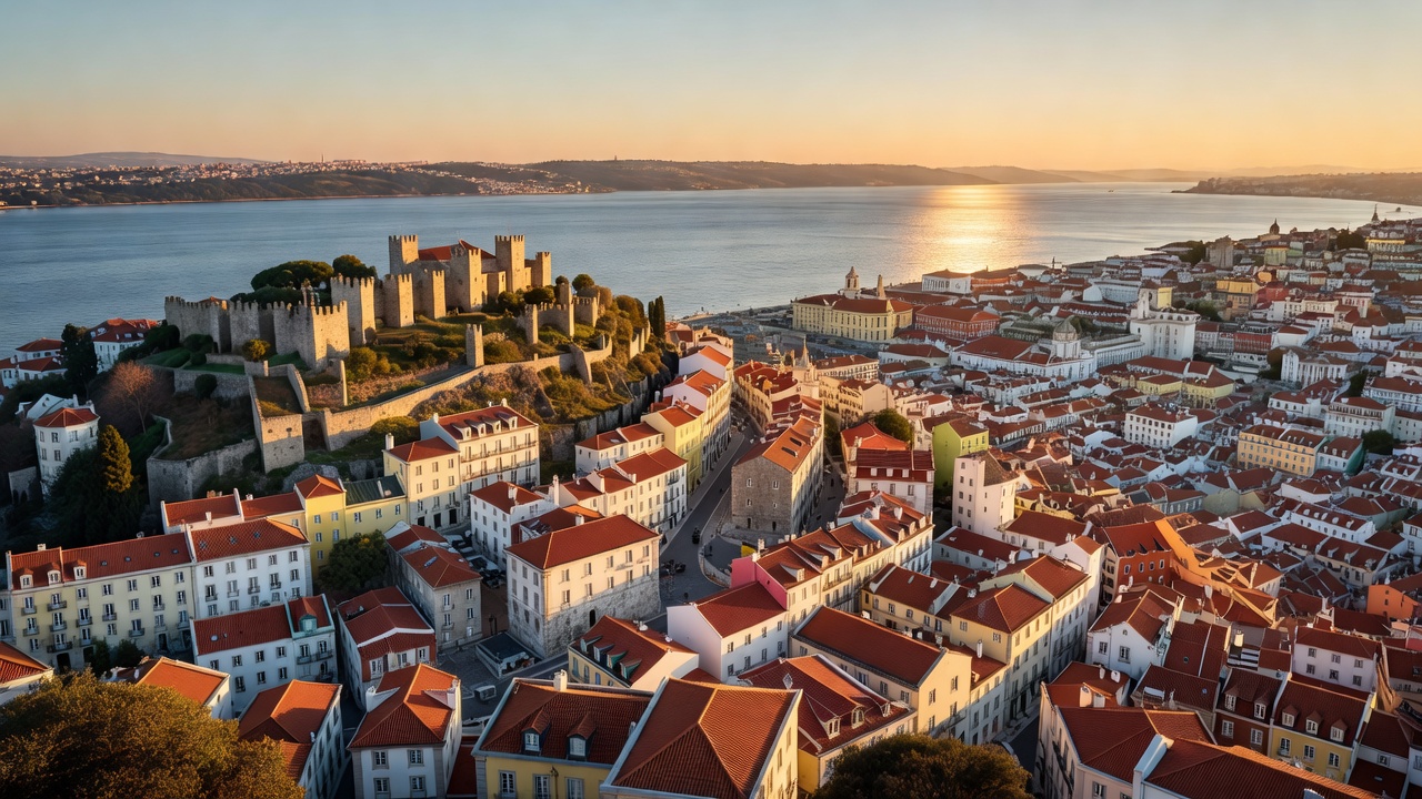 Panoramic view from Miradouro da Senhora do Monte overlooking Lisbon castle and the river