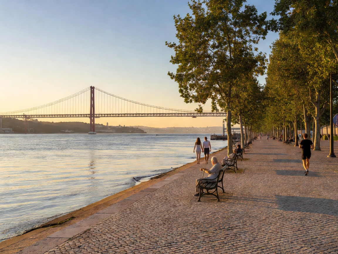 Riverside promenade along the Tagus river with the 25 de Abril suspension bridge in the distance