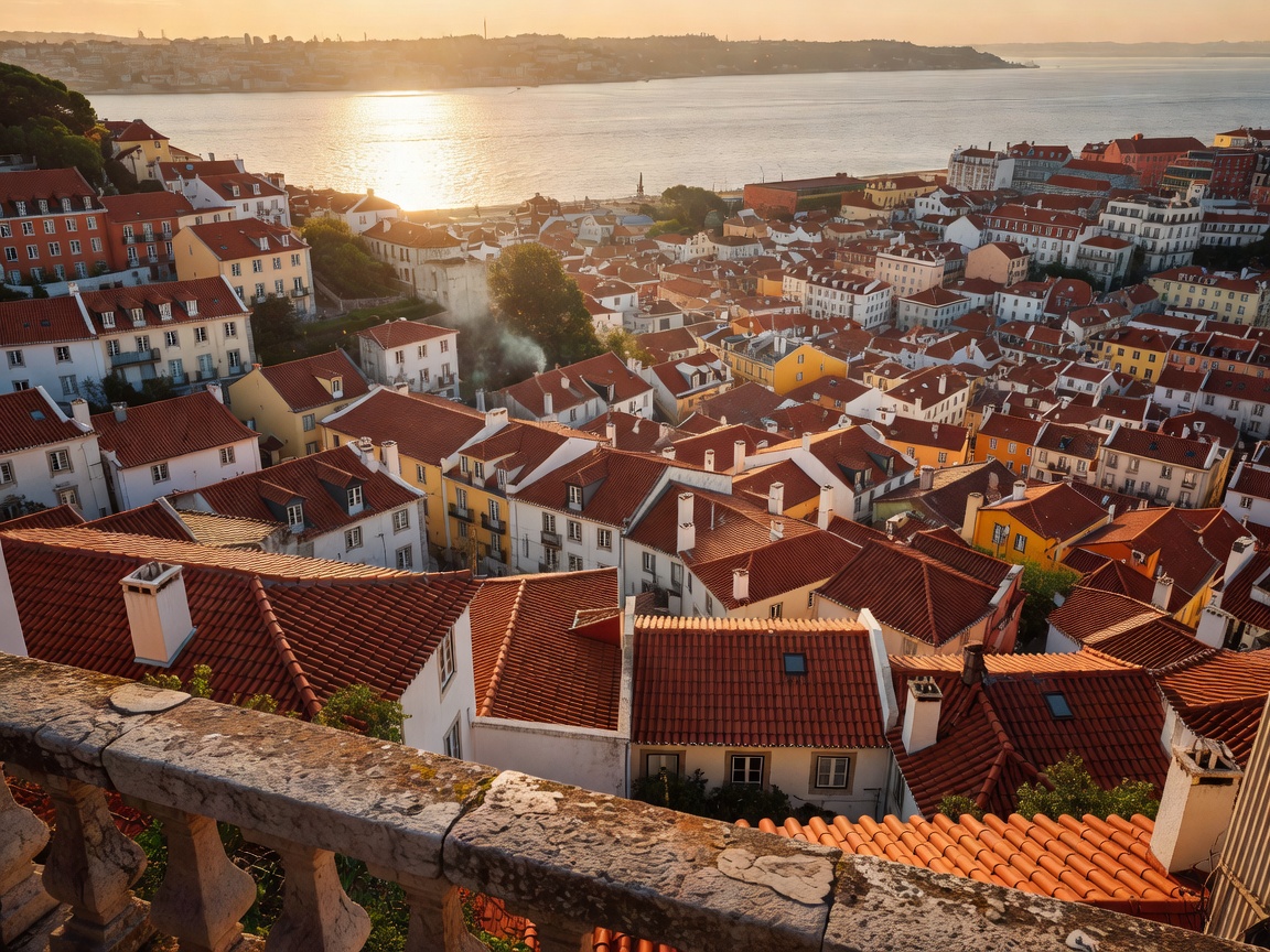 Scenic Lisbon terrace viewpoint overlooking red tile roofs and the river Tagus