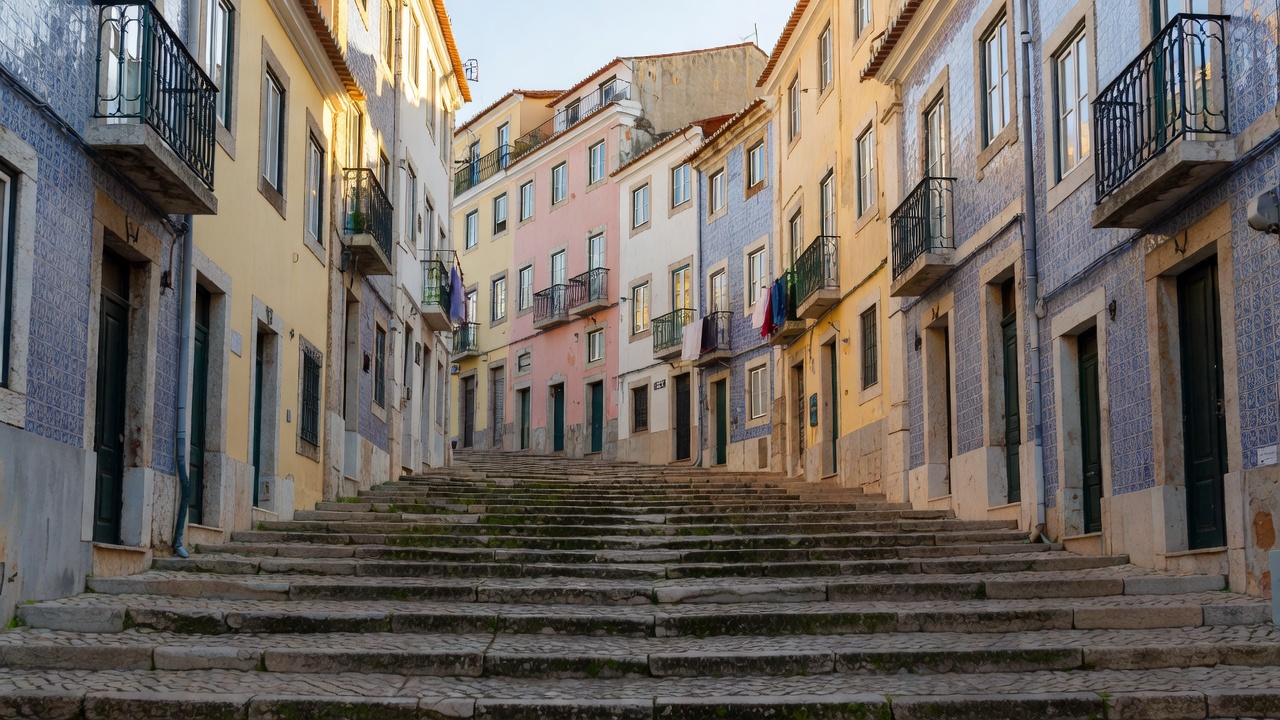 Stone steps and historical residential facades in Mouraria, Lisbon