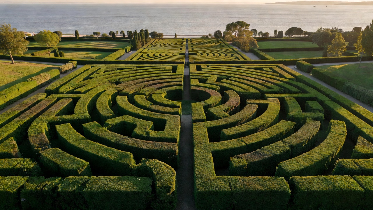 Symmetrical hedge labyrinth in Parque Eduardo VII looking down toward the river