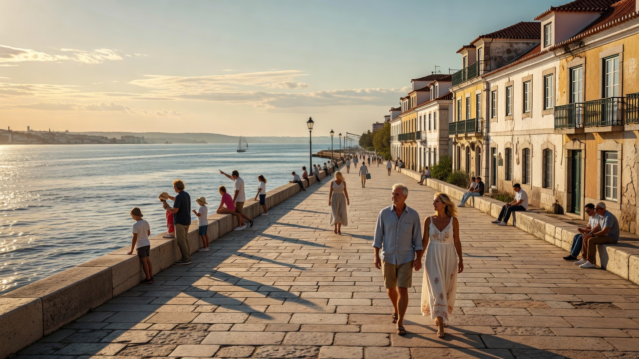 Wide stone promenade of Ribeira das Naus with pedestrians enjoying the Tagus river view